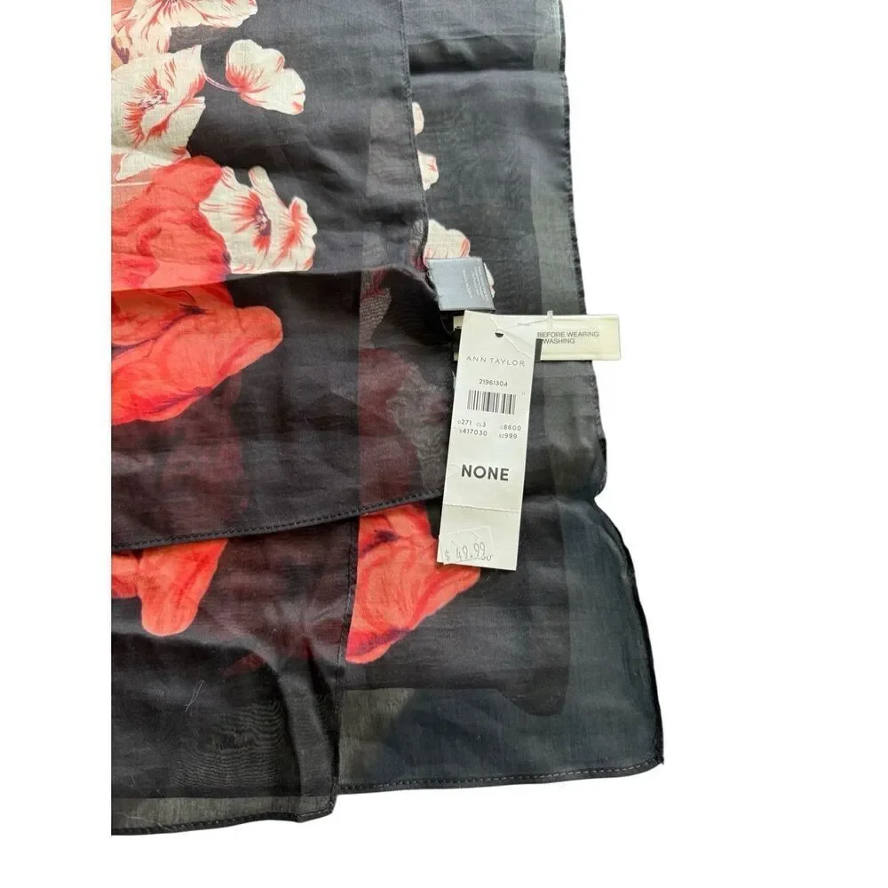NWT Ann Taylor Womens Black Red Floral Silk Blend Sheer Lightweight Scarf